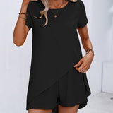 Lightweight & Chic Womens Two-piece Set - Short Sleeve Asymmetrical Tee with Elastic Waist Shorts - Effortless Summer Outfit