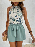 Two-Piece Tropical Floral Print Off the Shoulder Elegant Outfit - Belted Shorts & Halter Neck Top Set for Spring and Summer - Polyester Woven, No Elasticity, Random Printing, Womens Clothing