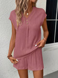 Solid Textured Two-piece Set, Button Front V Neck Short Sleeve Top & Wide Leg Shorts Outfits, Women's Clothing