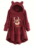 Women's Casual Christmas Reindeer Print Long Sleeve Teddy Hoodie with Kangaroo Pocket, Button Front Sweatshirt