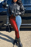 hulianfu - Burgundy Casual Solid Patchwork High Waist Denim Jeans