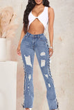 hulianfu - Baby Blue Sexy Solid Ripped Hollowed Out Patchwork High Waist Denim Jeans