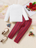 2pcs Baby's Cartoon Christmas Santa Elk Print Long Sleeve T-shirt & Casual Plaid Pattern Pants, Toddler & Infant Boy's Clothing Set, Outdoor Cloth