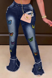 hulianfu - Baby Blue Casual Butterfly Print Patchwork Boot Cut Denim Jeans