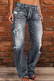 hulianfu - Blue Casual Solid Ripped Patchwork Mid Waist Regular Denim Jeans