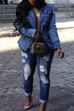hulianfu - Light Blue Casual Solid Patchwork Turndown Collar Long Sleeve Regular Denim Jacket