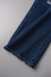 hulianfu - Blue Casual Solid Ripped Patchwork Mid Waist Regular Denim Jeans