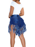 Ultra-Stretch Carnaval Fringe Denim Shorts - Fashionable Washed Blue, High Waist Party Style - For Trendsetting Women