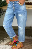hulianfu - Light Blue Fashion Casual Solid Ripped Patchwork Buttons High Waist Regular Denim Jeans