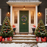 24" Green Pre-Lit Christmas Wreath with Red Berries, Pine Cones for Front Door, Window, Fireplace, Indoor Decor