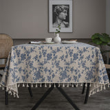 1pc Retro-Style Blue Rose Rectangular Tablecloth with Beige Fringe, Perfect for Kitchen Dining, Picnic, Buffet, Holiday Dinner, Party, Banquet, Restaurant, and Wedding Western Food Tables