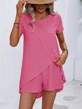 Lightweight & Chic Womens Two-piece Set - Short Sleeve Asymmetrical Tee with Elastic Waist Shorts - Effortless Summer Outfit