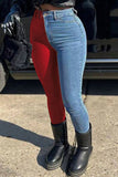hulianfu - Burgundy Casual Solid Patchwork High Waist Denim Jeans