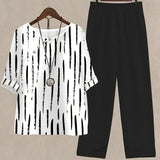 Chic Womens Two-piece Set - Fashionable Button Detail Color Block Top & Matching Solid Pants Outfit - Comfy Short Sleeve for Spring & Summer