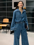 Women Denim 2 Pieces Set Long Sleeve Pullover Jacket High Waist Wide Leg Jeans Suit Spring Casual Loose Lady Outfit Sets 240329
