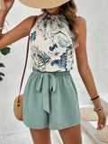 Two-Piece Tropical Floral Print Off the Shoulder Elegant Outfit - Belted Shorts & Halter Neck Top Set for Spring and Summer - Polyester Woven, No Elasticity, Random Printing, Womens Clothing