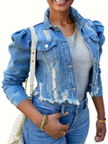 Womens Trendy Ripped Denim Jacket - Flattering Crop Top with Unique Bubble Sleeves and Chic Ripped Detail for a Fashionable Streetwear Look