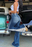 hulianfu - Baby Blue Casual Patchwork Ripped High Waist Regular Denim Jeans