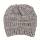 Acrylic Knit Solid Color Slouchy Beanie with Ponytail Hole - Soft, Packable, Elastic, Warm, and Trendy - Perfect for Daily Use in Autumn and Winter