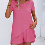 Lightweight & Chic Womens Two-piece Set - Short Sleeve Asymmetrical Tee with Elastic Waist Shorts - Effortless Summer Outfit
