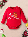 My 1st Christmas" Cute Long-Sleeve Onesie for Boys & Girls - Cozy Polyester, Festive Letter Print, Perfect for Fall/Winter, Perfect for Outdoor