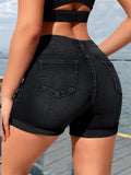Womens Chic High-Waisted Black Denim Shorts - Stretchy Elastic Waist, Fashionable Whiskering Detail, Trendy Rolled Hem - Comfortable & Flexible for All-Day Style