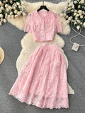 Summer Korean Small Fragrance Style Lace Set Two Piece Suit Hook Flower Short Sleeve Shirt Tops Midi Skirt Womens Outfits 240319