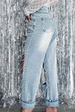 hulianfu - Light Blue Street Solid Ripped Chains Loose Denim Jeans