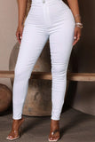 hulianfu - White Casual Solid Patchwork High Waist Skinny Denim Jeans