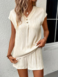 Solid Textured Two-piece Set, Button Front V Neck Short Sleeve Top & Wide Leg Shorts Outfits, Women's Clothing