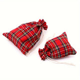 10 Pcs Festive Red Plaid Reusable Cotton Drawstring Bags - Perfect for Wedding, Birthday, Christmas, and More Decorative Occasions