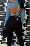 hulianfu - Blue Sexy Solid Backless Turndown Collar Long Sleeve Skinny Denim Jacket