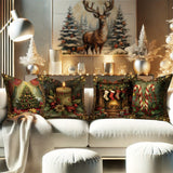 4-Pack Christmas Velvet Throw Pillow Covers 18x18, Festive Holiday Designs with Trees, Stockings & Candy Canes, Contemporary Zippered Pillowcases, Machine Washable, Decorative Woven Polyester for Living Room Sofa & Bedroom