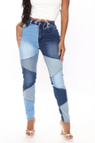 hulianfu - Khaki Casual Color Block Patchwork Mid Waist Skinny Denim Jeans
