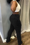 hulianfu - Black Casual Solid Patchwork Mid Waist Skinny Denim Jeans