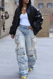 hulianfu - Fluorescent Pink Casual College Solid Ripped Make Old Patchwork Pocket High Waist Denim Jeans