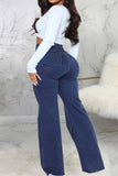 hulianfu - Dark Blue Casual Solid Patchwork Buttons High Waist Skinny Denim Jeans