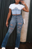 hulianfu - Blue Street Gradual Change Print Ripped Patchwork High Waist Denim Jeans