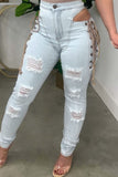 hulianfu - Light Blue Fashion Casual Solid Ripped Bandage Hollowed Out High Waist Skinny Denim Jeans
