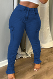 hulianfu - Black Casual Solid Patchwork Mid Waist Skinny Denim Jeans