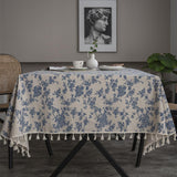 1pc Retro-Style Blue Rose Rectangular Tablecloth with Beige Fringe, Perfect for Kitchen Dining, Picnic, Buffet, Holiday Dinner, Party, Banquet, Restaurant, and Wedding Western Food Tables