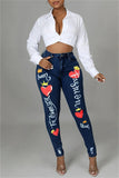 hulianfu - Deep Blue Fashion Casual Print Patchwork Mid Waist Skinny Denim Jeans