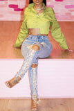 hulianfu - Blue Casual Solid Bandage Hollowed Out High Waist Skinny Denim Jeans
