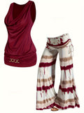 Two-Piece Tie Dye Wide Leg Pants Outfit - Cowl Neck Vest with Drawstring, Micro Elasticity, and Machine Washable - Spring/Summer Casual Wear for Women