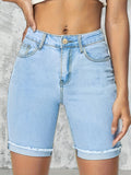 High Stretch Rolled Hem Denim Shorts - Curve-Enhancing, Slash Pockets, Comfort-Fit Ideal for Casual Daily Wear