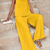 Two-Piece Pants Set - Soft Micro Elasticity Polyester Crew Neck Tank Top & Wide Leg Pants with Slant Pockets - Spring/Summer Casual Outfit for Women