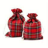 10 Pcs Festive Red Plaid Reusable Cotton Drawstring Bags - Perfect for Wedding, Birthday, Christmas, and More Decorative Occasions