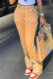 hulianfu - Khaki Casual Solid Patchwork Regular High Waist Conventional Patchwork Jeans