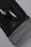 hulianfu - Dark Blue Fashion Casual Solid Ripped Patchwork High Waist Skinny Denim Jeans