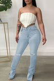 hulianfu - Black Casual Solid Ripped Slit High Waist Regular Denim Jeans